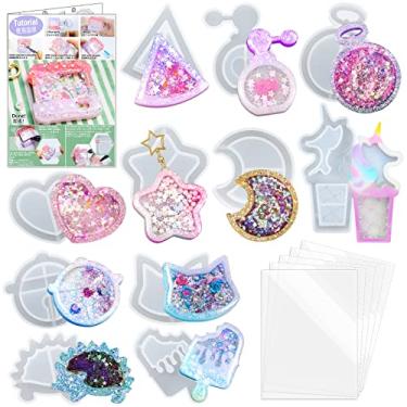 Imagem de FUNSHOWCASE Conjunto de moldes para coqueteleira de resina, pingentes, suprimentos para fabricação de joias, pacote com 11 bandejas com 5 filmes de vedação e manual do tutorial