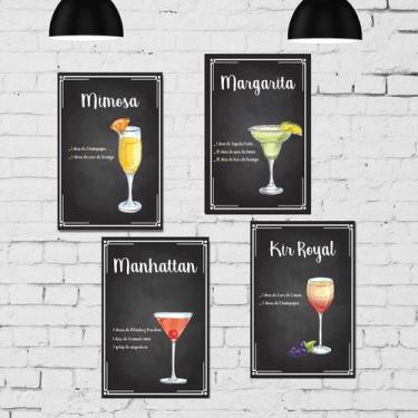Imagem de Placa Decorativa MDF Receitas Drinks Taças Kit 4un 30x40cm - Quartinho