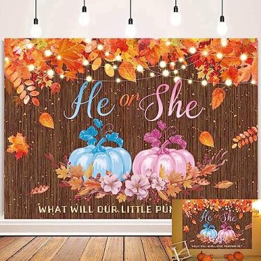 Imagem de Abóbora gênero revelação pano de fundo outono madeira ele ou ela chá de bebê festa fotografia fundo outono ação de graças folhas de bordo menino ou menina banner decoração suprimentos 8x6FT