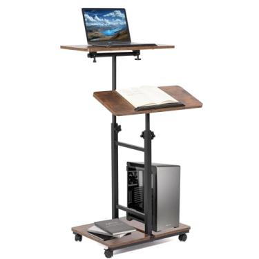 Imagem de Púlpitos e pódios multiuso, mesa portátil móvel para laptop, suporte de pódio com rolamento ajustável em altura com 2 partes superiores giratórias, mesa de trabalho para sala de aula e igreja (marrom)