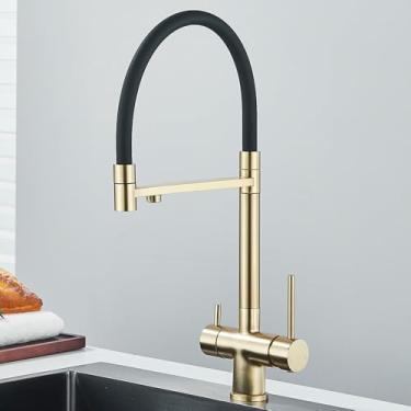 Imagem de Torneira de cozinha com filtro de água, torneira preta retrátil 2 em 1, torneira misturadora de água pura com rotação de 360 graus, ouro escovado