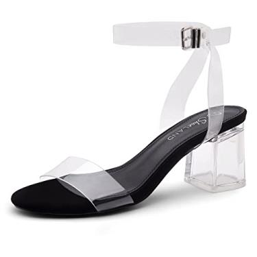 Imagem de Shoe Land SL-Amaya Sandália feminina de salto baixo, bico aberto, salto alto, preto, dourado, prata, vermelho, salto transparente, tira no tornozelo, bloco grosso, salto curto, sapatos para formatura,