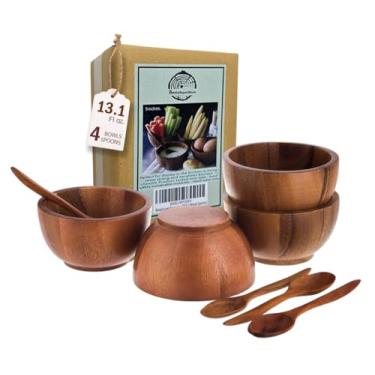 Imagem de BestySuperStore Tigela de madeira de acácia, tigela de prato lateral para molho de salada, sopa, molho de mergulho, nozes, doces, frutas, aperitivo e lanches, diâmetro 12,7 cm x 6,35 cm – Conjunto de 4 (4 colheres de madeira)