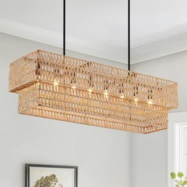 Imagem de InterMaka Lustre De Vime Trançado À Mão De 39,4" Com 8 Luzes Para Sala De Jantar, Lustre Linear Boho De 2 Camadas, Luminária Pendente Retangular Rústica Para Cozinha, Ilha, Bar, Sala De Estar