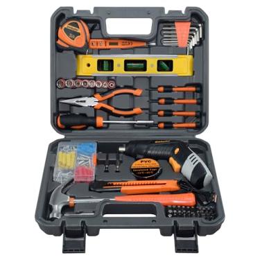 Imagem de SOLUDE Kit de ferramentas domésticas de 130 peças com chave de fenda recarregável sem fio de 3,6 V, conjunto de ferramentas domésticas básicas para projetos de casa nova, apartamento, dormitório e