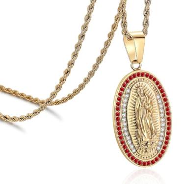Imagem de ROWIN&CO Colar com pingente de Virgem Maria banhado a ouro 18 K | Medalha oval de zircônia cúbica joia religiosa para mulheres e homens | Corrente Nossa Senhora de Guadalupe 50/61/76 centímetros com