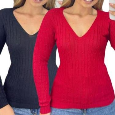 Imagem de Kit 2 Blusas Femininas Industrie Suéter Malha e Vermelho Tricô Manga Longa Tamanho:Único;Cor:-Feminino