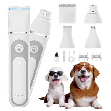 Imagem de AngFan Kit de tosquiadeira para cães com ferramentas 4 em 1, aparador de patas de cachorro sem fio e à prova d'água IPX7 e moedor de unhas para cães, design silencioso de baixo ruído com aderência de