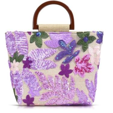 Imagem de QTKJ Sacola feminina, exclusiva bolsa de palha bordada com alça de madeira, bolsa quadrada para ocasiões importantes, trabalho, viagem (roxa), Roxa, One Size