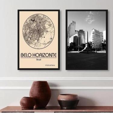 Imagem de Kit 2 Quadros Belo Horizonte- Mapa E Fotografia 33X24Cm - Quadros On-L