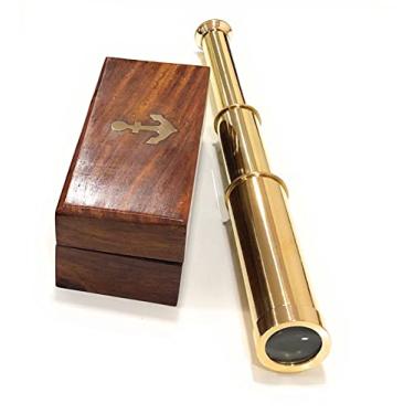 Imagem de Telescópio de latão portátil de latão de 23 cm, vidro espião pirata náutico com caixa rústica vintage para decoração de casa