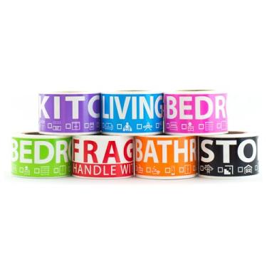 Imagem de 350 etiquetas de movimento doméstico para casa de 2 quartos. 50 etiquetas por quarto, 7 rolos de etiquetas codificados por cor. Etiqueta frágil incluída. Para caixas de movimentos, suprimentos de movimento, caixas de guarda-roupa, adesivo de apartamento