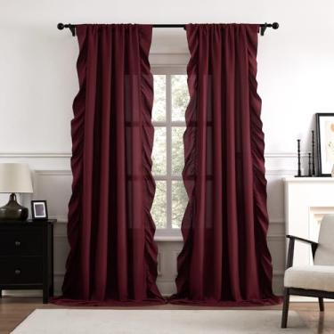 Imagem de Cortinas Borgonha com babados 2,2 cm de comprimento, 2 painéis para sala de estar, quarto de meninas, casa de campo, bolso de varão, filtragem de luz, cortinas românticas vintage para sala de jantar