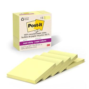 Imagem de Post-it Papel 100% reciclado, notas super adesivas, 2x The Sticking Power, 7,6 x 7,6 cm, 5 blocos, 70 folhas/bloco, amarelo canário (654R-5SSCY)