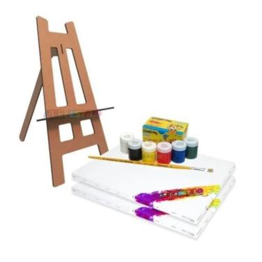 Imagem de Kit De Pintura Infantil Em Tela C Mini Cavalete De Mesa