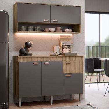 Imagem de Kit Armário De Cozinha Aéreo E Bancada Completo Com 5 Portas E 1 Gaveta Carvalho Grafite