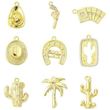 Imagem de UR URLIFEHALL 9 peças, 9 estilos, zircônia cúbica, encantos, caubói, dourado, boina, cacto, ferradura, pingentes, pingentes para colar, brincos, pulseira, fabricação de joias