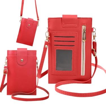 Imagem de DAMONDY Capa carteira com zíper TCL K32 com alça de cordão, 3 porta-cartões de couro com bolso para dinheiro, bolsa de corpo inteiro para mulheres para TCL K32 5G - Vermelho