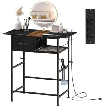 Imagem de NANANARDOSO Mesa de maquiagem com estação de carregamento, pequena penteadeira com gaveta e gancho de metal para quarto, dormitório, escrivaninha sem espelho, organizador de armazenamento compacto