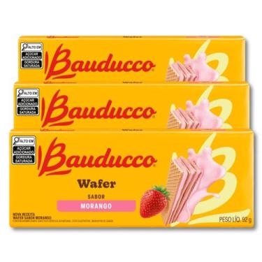 Imagem de Biscoito Wafer Bauducco Morango Kit 3 Pacotes de 92g