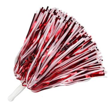Imagem de Lovecheer 100 peças de pompons de líder de torcida vermelhos e brancos pompons metálicos a granel com alça de plástico fantasia de esquadrão de torcida esportiva para futebol basquete time Spirit