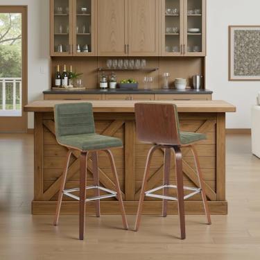 Imagem de Banqueta giratória moderna Vienna com assento estofado verde vintage e moldura de madeira com acabamento de nogueira, conjunto de 2