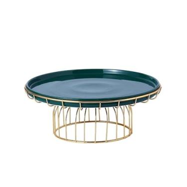 Imagem de Suporte de bolo de ferro forjado dourado pés altos prato de frutas de cerâmica mesa de sobremesa forma de bolo prato decorativo branco verde prato de bolo doces cupcake sobremesa prateleiras de