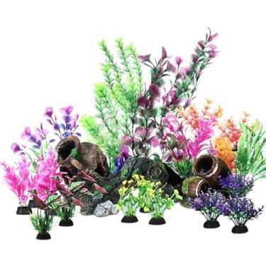 Imagem de Threehoney Pacote com 28 decorações de aquário plantas artificiais de aquário de resina para aquário kit de acessórios para tanque de peixes Betta pote de barril quebrado ornamento de tronco de árvore