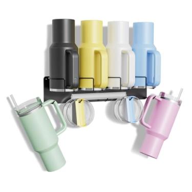 Imagem de Treybair Suporte magnético Stanley para geladeira – 4 suportes e 5 ganchos organizador para copo Stanley de 20/30/1,134 g com tampa e armazenamento de palha, acessório de geladeira como presente ideal