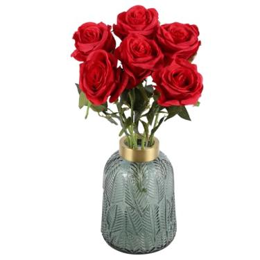 Imagem de IPOPU 6 peças de flores artificiais de seda vermelha profunda com rosas falsas de caule longo, rosas falsas de haste longa artificial, adequadas para casamento, decoração de casa e festa ao ar livre.