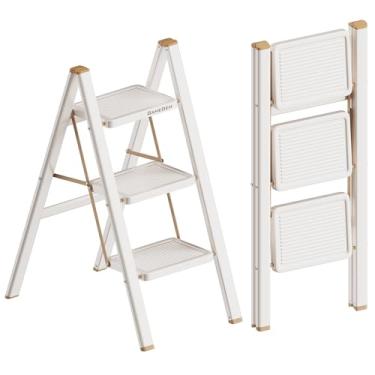 Imagem de GameGem Escada de 3 degraus, banco dobrável com pedal antiderrapante, escada de ferro portátil para casa e cozinha, fácil de armazenar - creme de chocalate (136 kg)