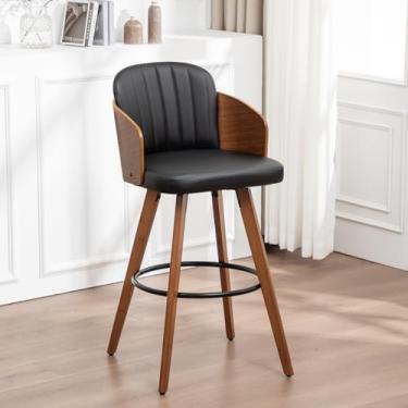 Imagem de Conjunto de 1 banqueta giratória – banquetas de meados do século 67 cm com madeira de nogueira, costas e braços curvos, assento estofado, ideal para cozinha/ilha/pub (preto nogueira, conjunto de 1/66