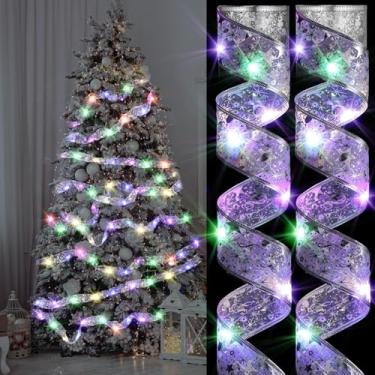 Imagem de Dilunave Pacote com 2 luzes de fita de Natal de 90 cm, 100 LEDs, operadas por pilhas, fio de cobre, de camada dupla, laços, cordas de fadas, árvore, jardim, quarto, festa, decorações (prata)