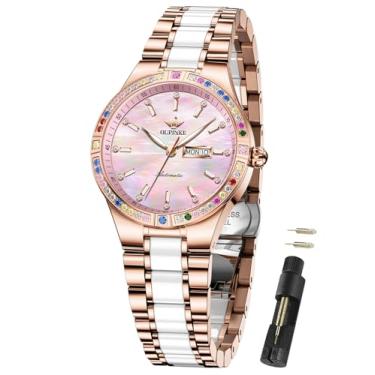 Imagem de OUPINKE Relógios de pulso femininos automáticos com diamante de luxo com corda automática, aço inoxidável, cristal de safira, cerâmica, relógios de pulso femininos
