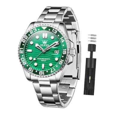 Imagem de OLEVS Relógio de pulso masculino masculino de luxo, analógico, quartzo, aço inoxidável, luminoso, à prova d'água, data, dois tons, casual, masculino, G3610-prata-verde, round, Relógio de luxo