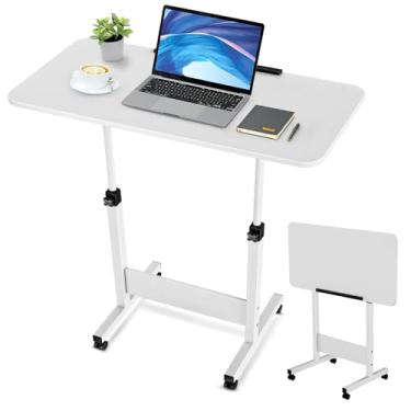 Imagem de Mesa dobrável inclinável, altura ajustável, mesa portátil para computador com rodas, suporte móvel para sentar, mesa de laptop pequena para caminhada, treinador de bicicleta, branca