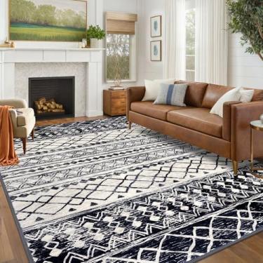 Imagem de KUTA Tapete boho preto azul marinho 15 x 23 cm para sala de estar, tapetes de cozinha laváveis marroquinos antiderrapantes, ultramacio, estampa geométrica, baixa pilha para quarto, berçário,