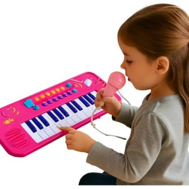 Imagem de Teclado Musical Infantil com Microfone, 25 Teclas – Kit Educativo Estimula a Coordenação Motora, Atenção, Ritmo e Expressão Artística