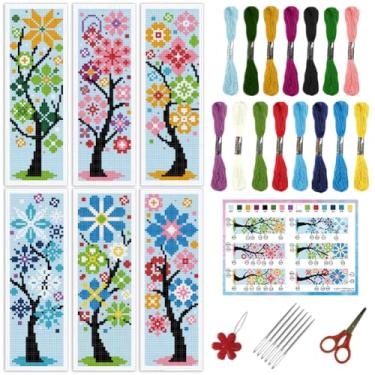 Imagem de INFUNLY Conjunto de 6 peças/conjunto de marcadores de página de ponto cruz com flores de árvore, 7 x 21 cm, cor doce, feito à mão, pontos cruzados, marcadores de livro para leitores com instruções