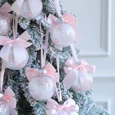 Imagem de 9 peças de enfeites de arco de árvore de Natal rosa 8,5 cm de plástico transparente DIY enfeites de bola preenchíveis com adesivos de laço para enfeites de pendurar de Natal, pingente de decoração de