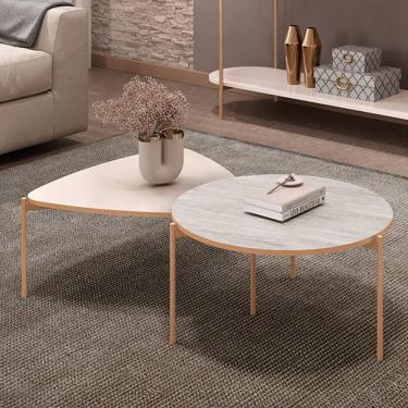 Imagem de Conjunto Mesas de Centro Decorativas Oak e Dutton Pés Metálicos Dourados Off White/Quartzo G18 - Gran Belo