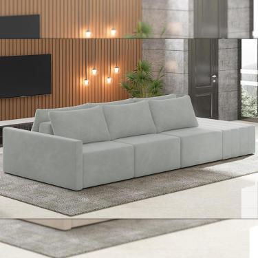 Imagem de Sofá Ilha Modulado Milos 342cm Puff Lateral Veludo Cinza G33 - Gran Belo
