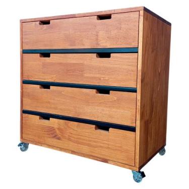 Imagem de Cômoda de Madeira Maciça com 4 Gavetas e 4 Rodízios Cor Castanheira - 