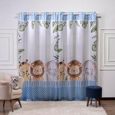 Imagem de Cortina Infantil 3,00x2,20 Estampada Tecido Cetim (Safari Baby Azul)