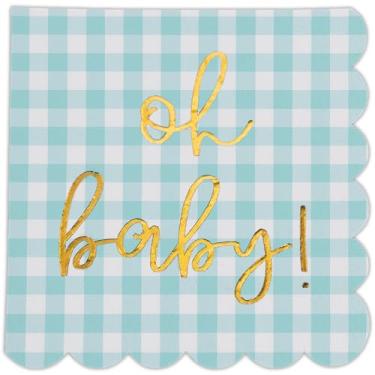 Imagem de Cloverjoyed Decorações de chá de bebê 'Oh Baby', pacote com 50, guardanapos dourados Oh Baby em padrão xadrez, bordas recortadas, guardanapos de chá de bebê, decorações de revelação de gênero neutro