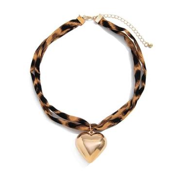 Imagem de Cykdohy Colar gargantilha vintage com estampa de leopardo para mulheres, delicado, boho, grosso, fofo, coração, pingente de coração de dupla camada, bandana estilo bandana ajustável, acessório moderno