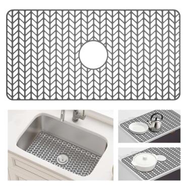 Imagem de AWOKE Protetores de pia de silicone grandes para pia de cozinha, orifício de drenagem central de 76 x 40 cm, tapete de pia para fundo de pias de aço inoxidável de cozinha de fazenda, pés elevados