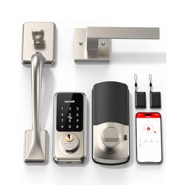 Imagem de Hornbill Conjunto de fechadura de porta de teclado inteligente, porta frontal sem chave com alça, conjunto de fechadura inteligente Alexa, tela sensível ao toque digital Bluetooth com cartão APP/IC