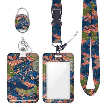 Imagem de Cordão de crachá de identificação floral japonês para crachá para crachás de identificação, protetor vertical de trabalho, clipes de mosquetão retráteis, cordão de chave resistente para editor