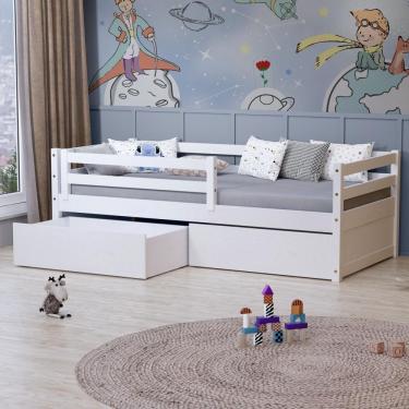 Imagem de Cama Solteiro Slim Com 02 Gavetas E Grade De Proteção Madeira Maciça Branco Housin